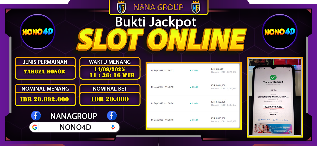 Bukti Kemenangan Besar Dibayar lunas Member NONO4D RP 20.892.000, 14 September 2025